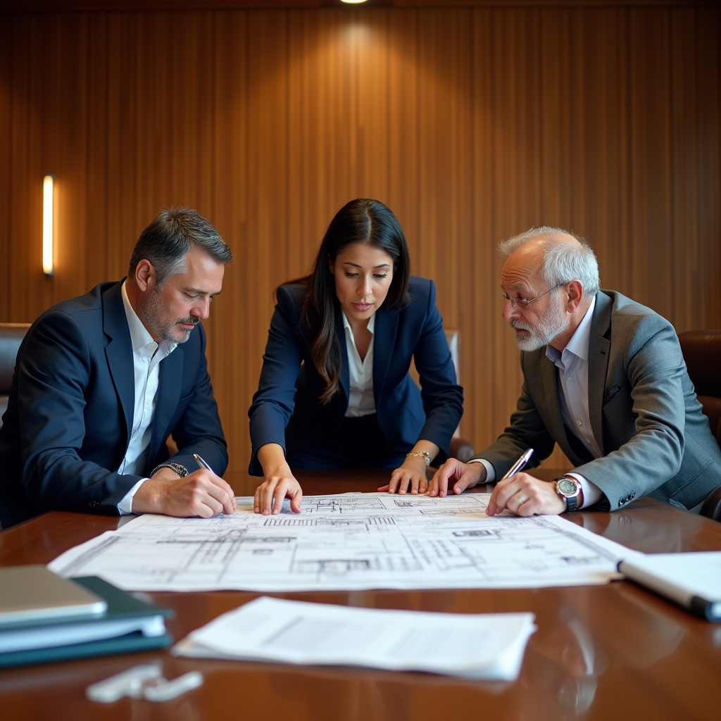 Administrative and technical team reviewing construction project documentation together