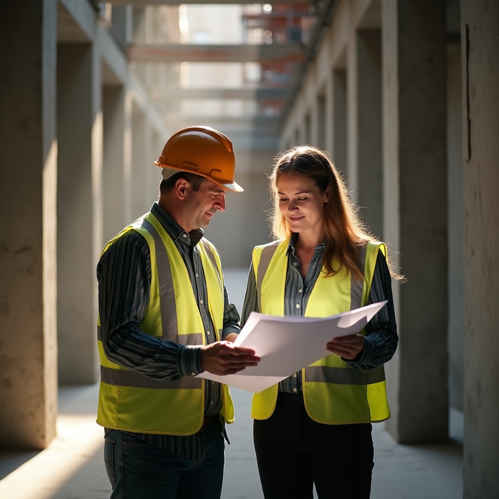 Site manager and administrative coordinator reviewing project plans at an active construction site