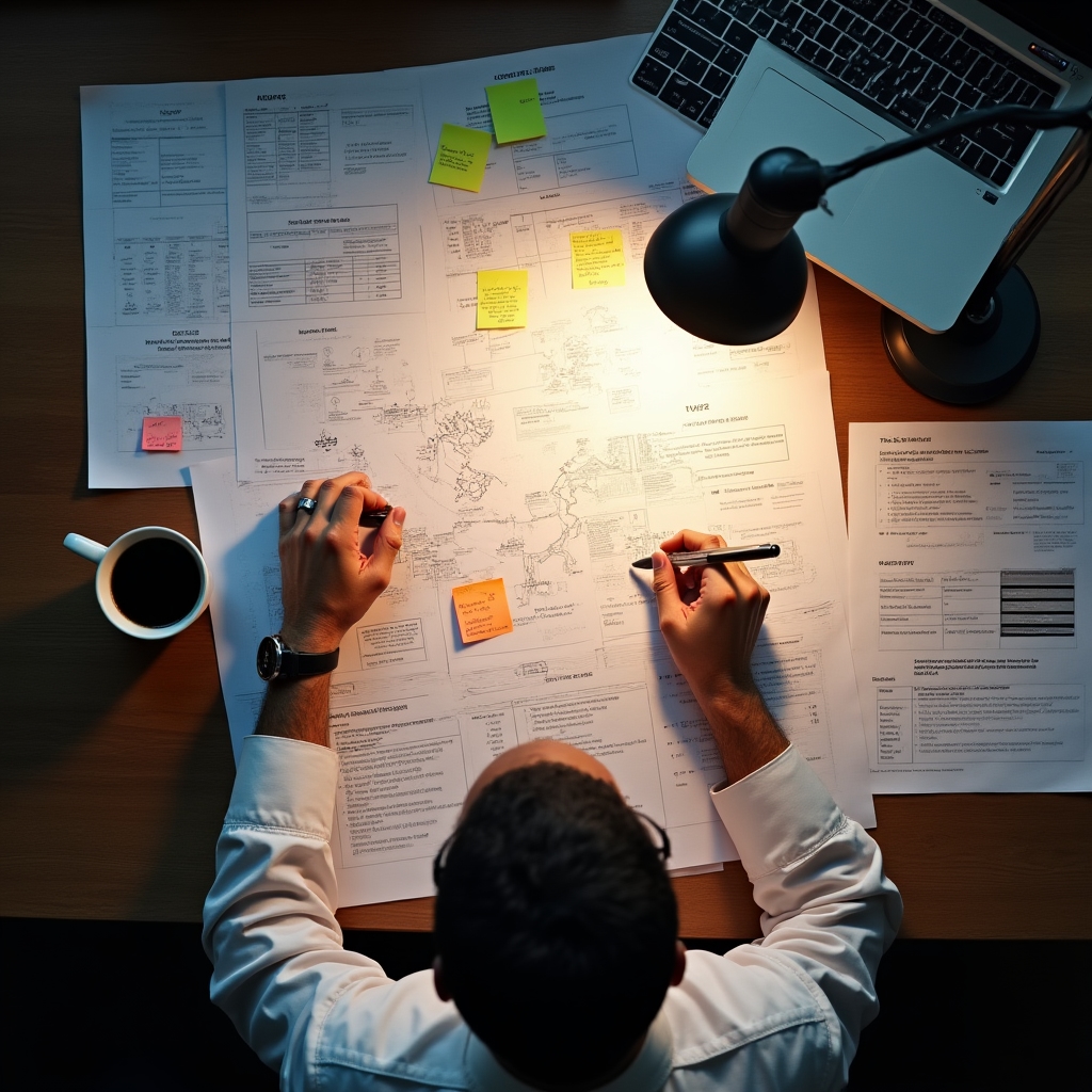 Detailed audit documentation and process maps spread across a professional desk