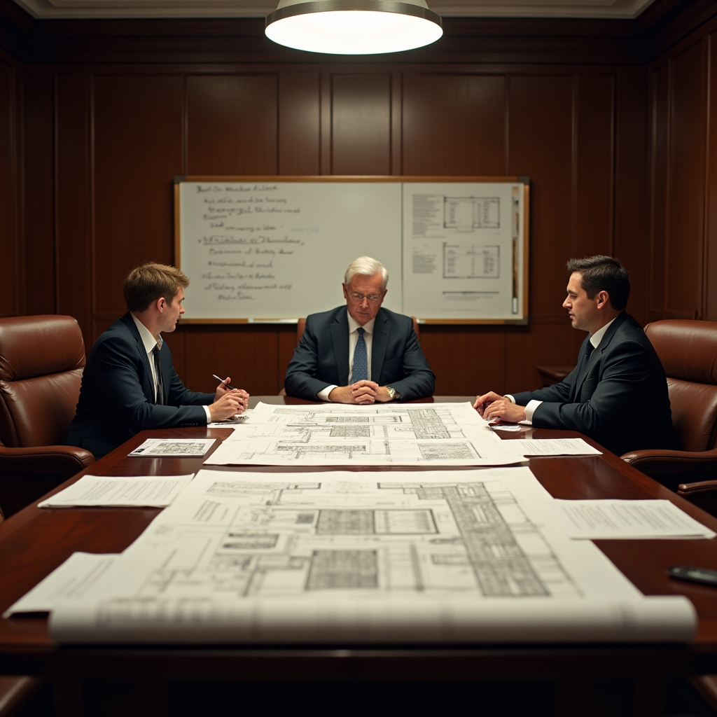 Real estate developer and project manager reviewing blueprints and administrative schedules in a professional office